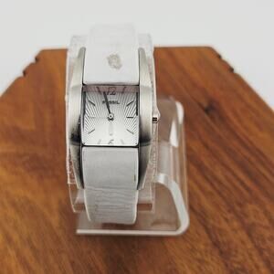 Fossil Women's Silver Tone Leather Band Watch Futuristic Modern Bold ES-1436